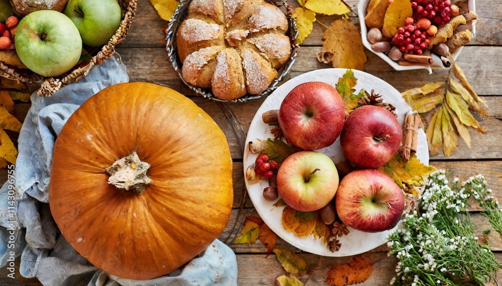 Autumn Harvest Table with Pumpkins, Apples, Fresh Bread, and Rustic Decorations Autumn Harvest Table with Pumpkins, Apples, Fresh Bread, and Rustic Decorations