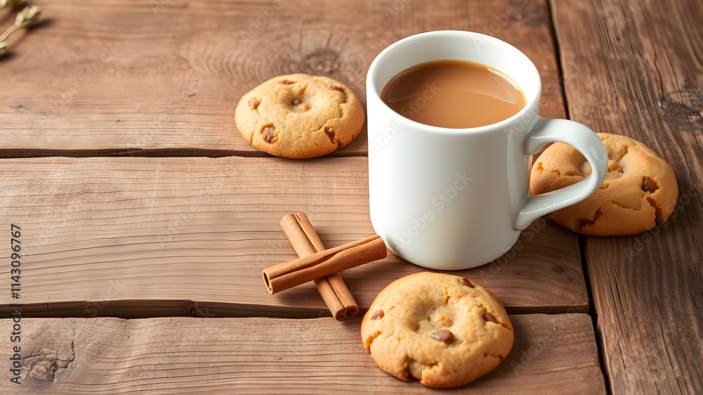 A rustic wooden table with a plain white coffee cup, a cinnamon stick, and freshly baked cookies. Generative AI A rustic wooden table with a plain white coffee cup, a cinnamon stick, and freshly baked cookies. Generative AI