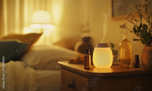 Aromatherapy diffuser glowing softly, creating calming ambiance. Bedroom setting with essential oils, cozy decor, warm lighting, and plants.