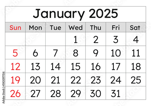Calendar for January 2025. Simple vector illustration. English page of winter month