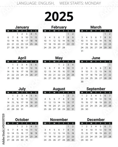 2025 year english calendar with 12 months. Vector. Week starts monday