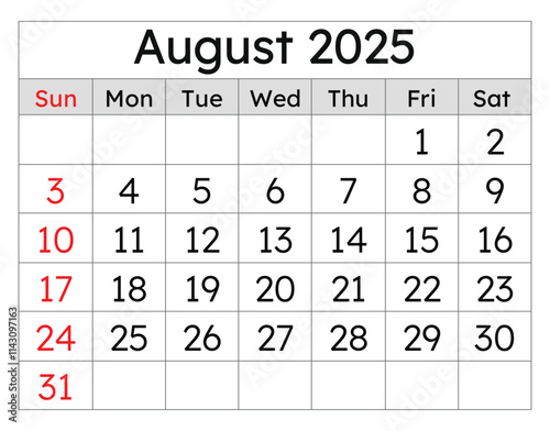 Calendar for august 2025. Simple vector illustration. English page of summer month