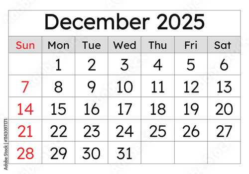 Calendar for december 2025. Simple vector illustration. English page of winter month