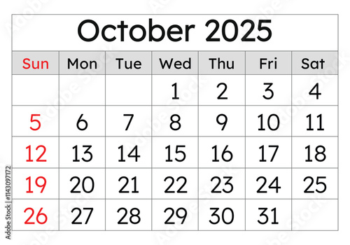 Calendar for october 2025. Simple vector illustration. English page of autumn month