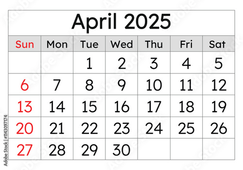 Calendar for april 2025. Simple vector illustration. English page of spring month