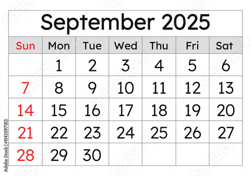 Calendar for september 2025. Simple vector illustration. English page of autumn month