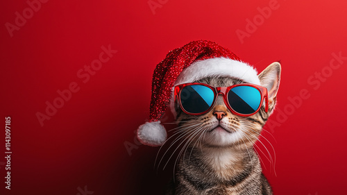 Happy little baby kitten with christmas hat and sunglasses. Cat enjoys Christmas.