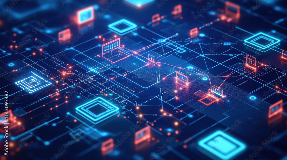Fototapeta premium Digital Blueprint-Style Background with Interconnected Pathways, Circuit Boards, and 3D Elements, Representing Tech Innovation, Engineering, and System Design