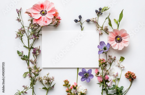 Pink and white flowers surrounding a blank card