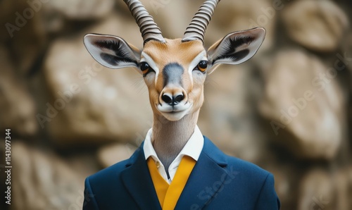 Anthropomorphic gazelle in formal attire, wearing suit and tie, standing against rocky background, unique blend of animal and human characteristics photo