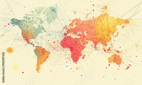 World map visualization of data connections, colorful dots representing various locations, lines indicating connections, abstract design