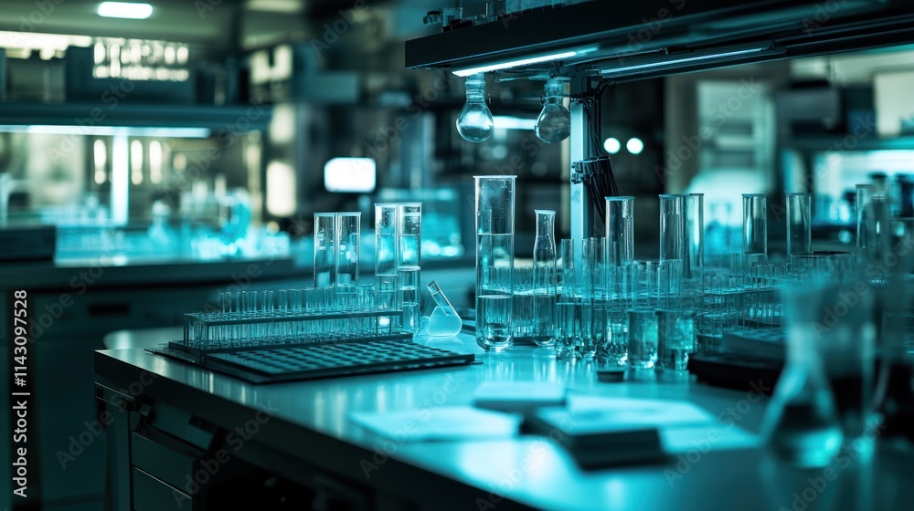 Laboratory glassware and equipment on a lab bench at night. Laboratory glassware and equipment on a lab bench at night.