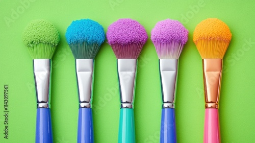 Five colorful paintbrushes on green background.