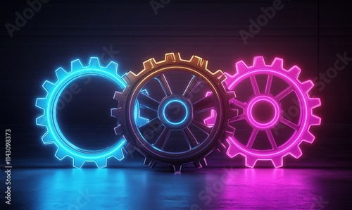 Neon gears in vibrant colors, showcasing blue, yellow, and pink hues. Modern design with glowing effects, set against dark background. photo