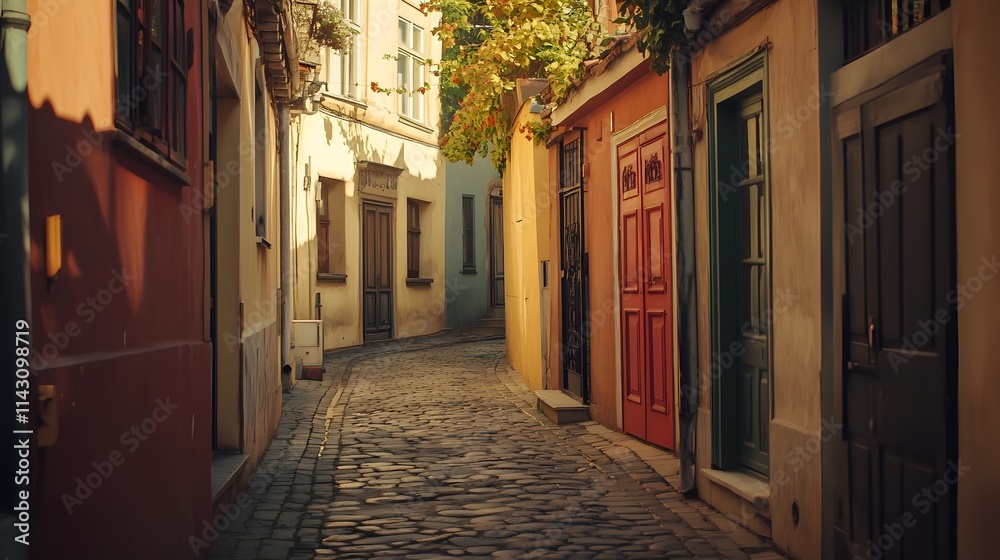 Fototapeta premium A traditional Mediterranean street with cobblestones and brightly painted doors.