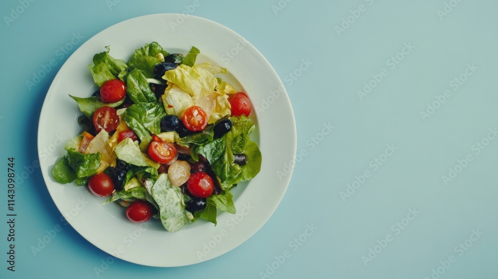 Fresh salad with cherry tomatoes, olives, and lettuce on a white plate against a light blue background. Fresh salad with cherry tomatoes, olives, and lettuce on a white plate against a light blue background.
