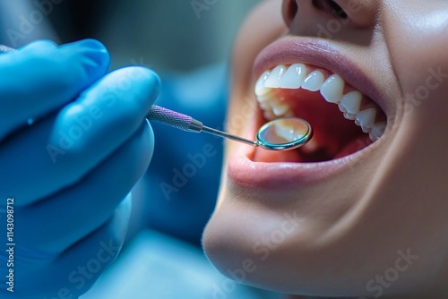 A dental professional examines a patient's mouth using tools for cleaning and inspection in a bright, well-equipped clinic. Generative AI photo