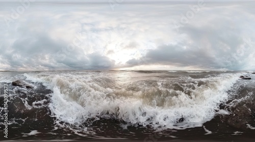 360? panoramic view of dramatic ocean waves crashing on a dark beach under a cloudy sky.