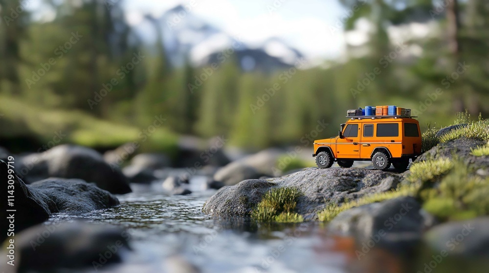Obraz premium Scenic Mountain Road with Truck and Car by a River in Spring Landscape