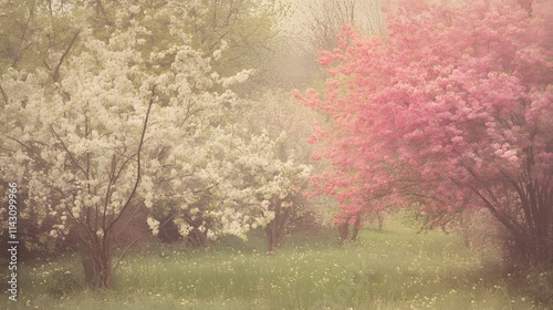 A vibrant orchard featuring trees with shades of pink white and pale green leaves in full bloom. photo