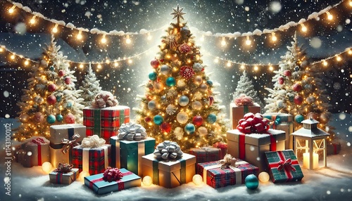 Create traditional Christmas card featuring decorated fir tree with twinkling lights, surrounded by wrapped presents in snowy outdoor setting using Generative AI