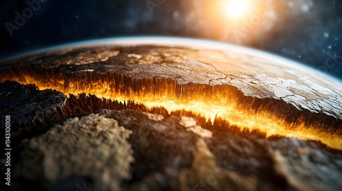 A vivid cutaway showing Earths outer layers with tectonic movements illustrated. photo