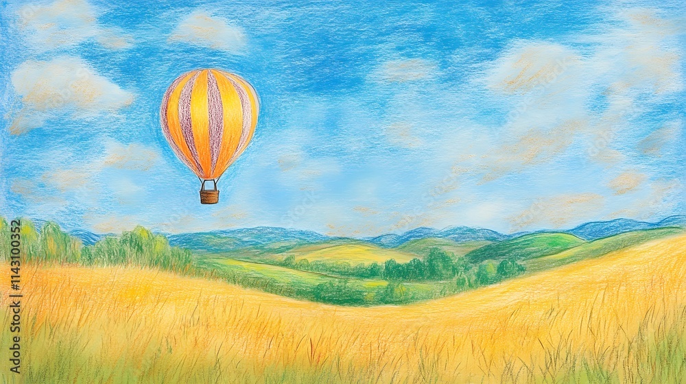 Obraz premium A whimsical crayon drawing of a hot air balloon floating over a scenic landscape.