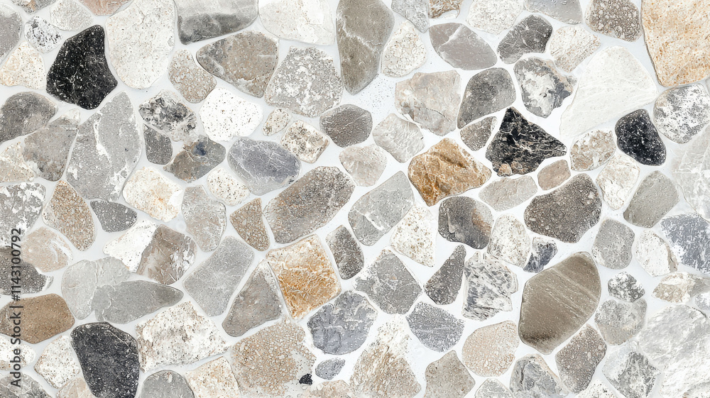 A smooth pebble texture featuring various sizes and shades of gray and white stones, creating a natural and calming effect, perfect for soothing design applications.