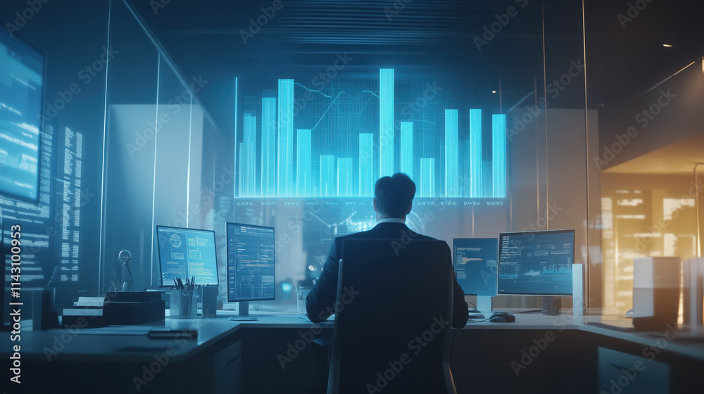 Digital Holographic Bar Graph Floating Above a Desk, with a Businessman Analyzing Percentages Indicating Strong Financial Performance Digital Holographic Bar Graph Floating Above a Desk, with a Businessman Analyzing Percentages Indicating Strong Financial Performance