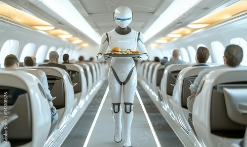A white robotic steward walking in Futuristic airplane cabin between rows of passengers seated in comfortable chairs.