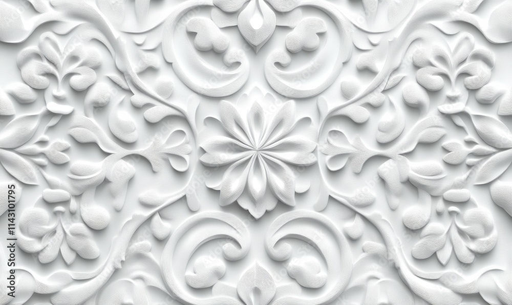 Intricate Light Decorative Pattern Wallpaper. White 3D Stucco Background.