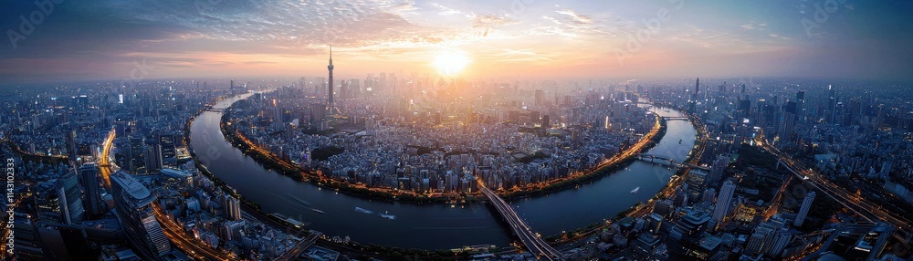 Fototapeta premium Stunning Aerial View of Urban City Skyline During Sunset with River and Skyscrapers Illuminated by the Golden Glow of Sunset Background