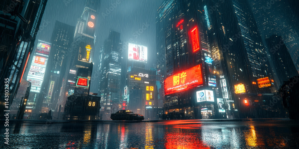Fototapeta premium Vibrant neon lights illuminate a rainy urban street at night in a bustling metropolis