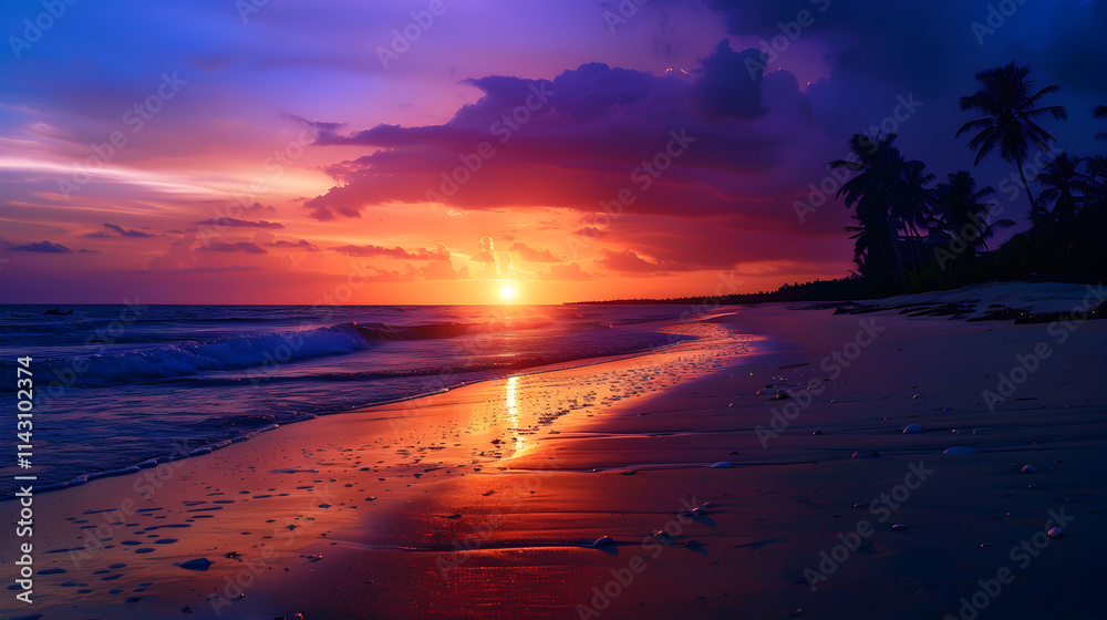 Serene Beach Sunset with Vibrant Sky and Swaying Palm Trees Serene Beach Sunset with Vibrant Sky and Swaying Palm Trees