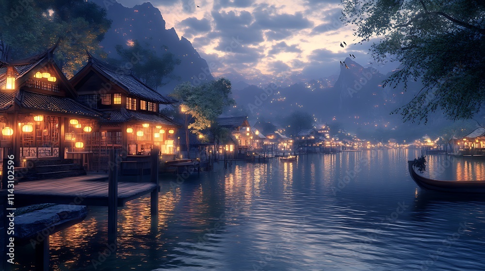 Fototapeta premium Serene Asian village at twilight, nestled along a calm river, illuminated by warm lantern lights.