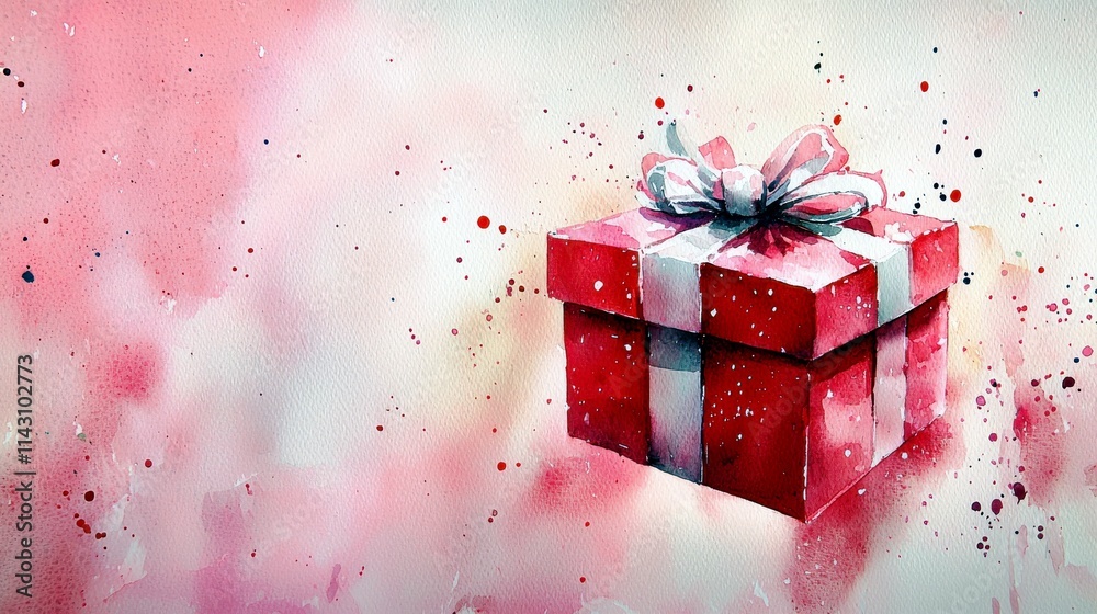 Vibrant Red Gift Box with Ribbon Surrounded by Abstract Watercolor Background in Shades of Pink and White for Celebratory Themes Vibrant Red Gift Box with Ribbon Surrounded by Abstract Watercolor Background in Shades of Pink and White for Celebratory Themes