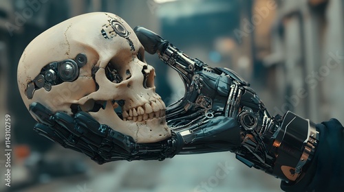  In a hyper-realistic style, a cyborg grasps a skull, representing the threat of technology to humanity photo