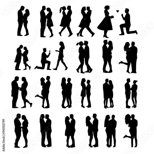 Silhouettes of couples in love (man and woman). Lovers vector in black and white. JPEG version.