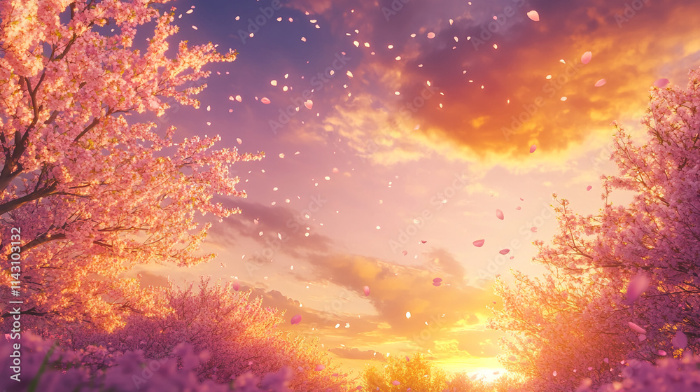 Sunset over cherry blossom trees with falling petals creating a serene atmosphere in springtime Sunset over cherry blossom trees with falling petals creating a serene atmosphere in springtime