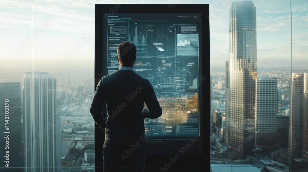 Strategic Vision: A businessman stands overlooking a sprawling cityscape, his focus directed towards a large screen displaying complex data and charts. The scene evokes a sense of ambition. Strategic Vision: A businessman stands overlooking a sprawling cityscape, his focus directed towards a large screen displaying complex data and charts. The scene evokes a sense of ambition.