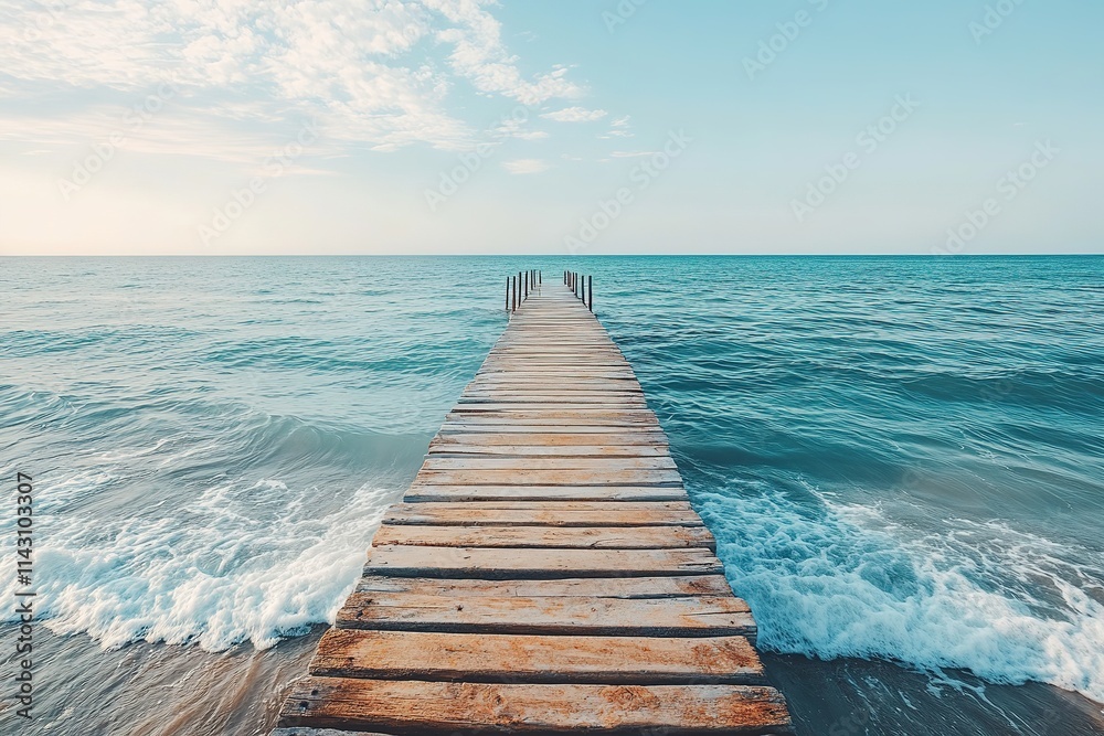 Fototapeta premium Wooden pier extending into serene blue sea under clear sky