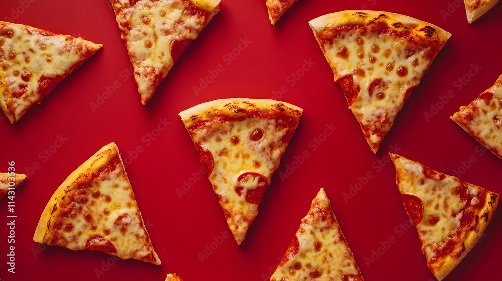 Pizza slice emojis floating on a vibrant red background with melting cheese details. Pizza slice emojis floating on a vibrant red background with melting cheese details.