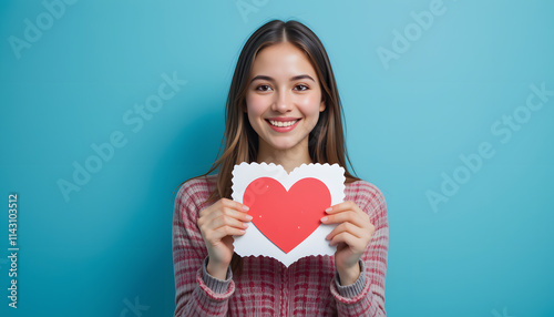 Happy young woman holds paper heart in hands for valentines day photo