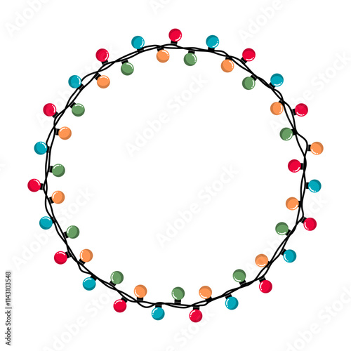 Festive round frame with colorful Christmas lights. Round Christmas frame with lights and garlands. Cartoon vector Christmas border isolated on a white background