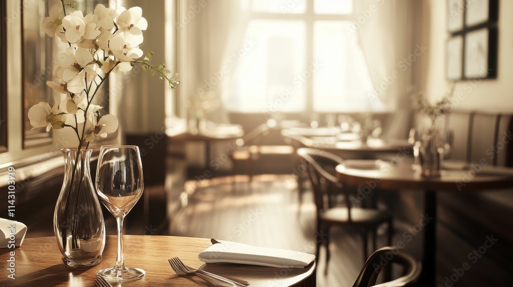 Sunlit restaurant table; flowers, glasses, cutlery. Sunlit restaurant table; flowers, glasses, cutlery.