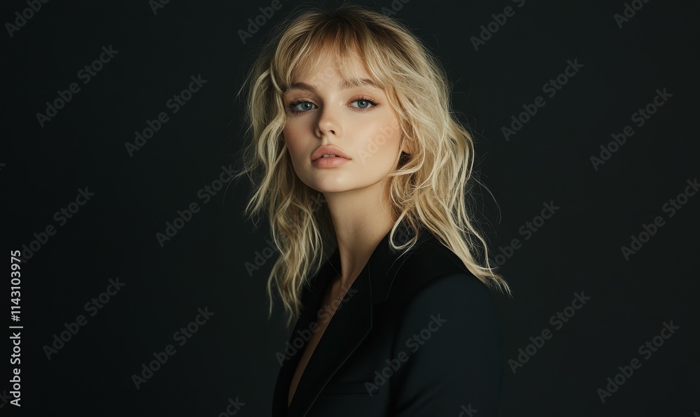 Naklejka premium Blonde in a black suit in the studio. Photo model.