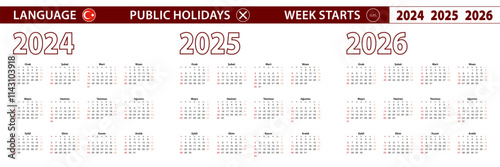 2024, 2025, 2026 year vector calendar in Turkish language, week starts on Sunday.