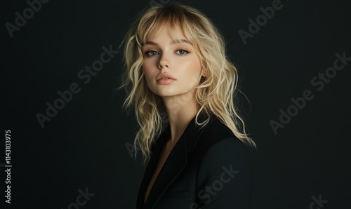 Blonde in a black suit in the studio. Photo model.