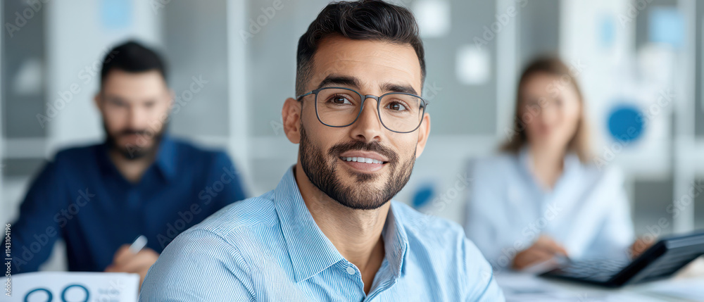 Confident businessman smiling at camera in modern office setting, surrounded by colleagues Confident businessman smiling at camera in modern office setting, surrounded by colleagues