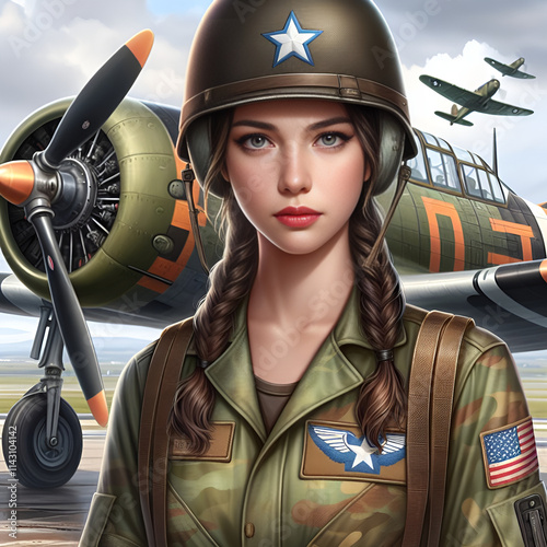 An image of a young woman dressed as an army aircraft pilot. Set against a backdrop of retro propeller planes.